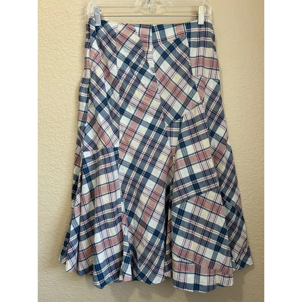 Ralph Lauren Jeans Size 2 Patchwork Plaid Cotton Midi Skirt Blue Pink Cottage